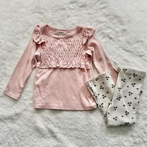Rabbit + Bear Smocked Long Sleeve Top & Ribbed Floral Leggings 2 Piece Set 3T